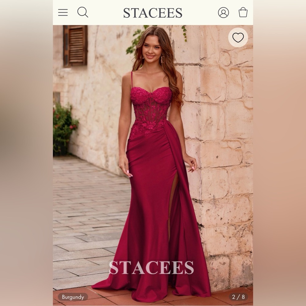 STACEES Mermaid V Neck Sheer Beaded Corset Slit Prom Dress with Side Draping